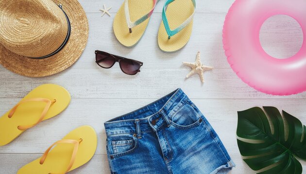 デニムショートパンツや麦わら帽子・ピンクの浮き輪を配置した夏ファッション（夏休み, ビーチ, 海水浴, リゾート, トラベル, コーディネート, フラットレイ背景素材） / Summer fashion items on white wooden background