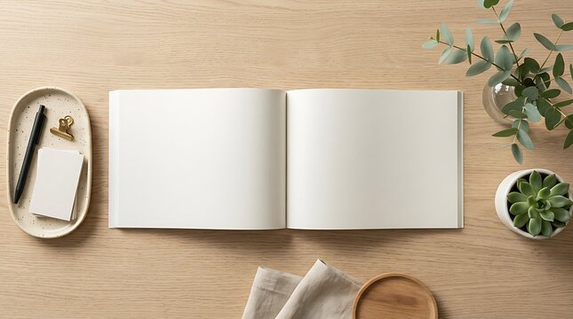Open blank notebook with pen on a wooden desk with green plant and sunlight shadows from above view. landscape magazine mockup