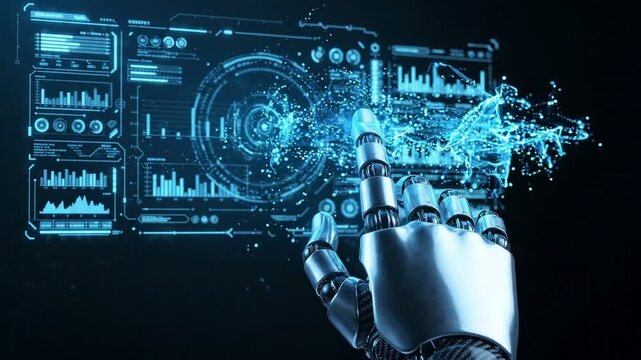 Robotic Hand Touching Digital Dashboard Screen Showing High Tech Analytics