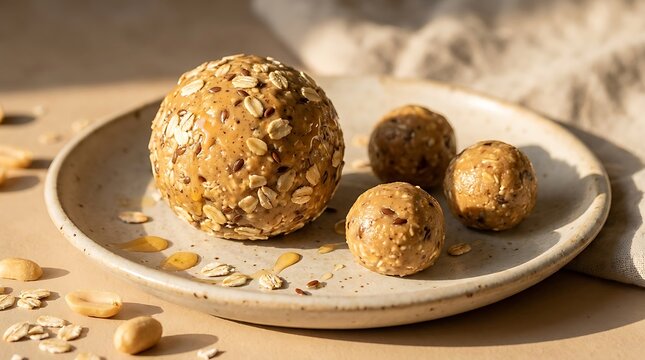 Healthy energy balls made with oats and honey served on a rustic plate for a nutritious vegan snack. no bake energy balls