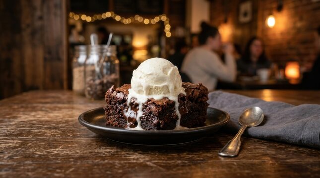 Warm Chocolate Brownie with Vanilla Ice Cream Melting on a Plate