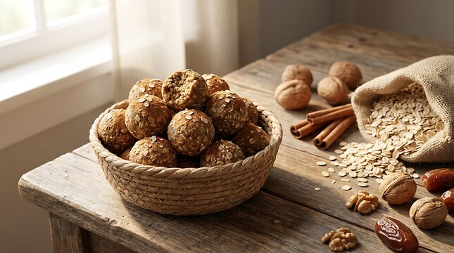 Healthy chocolate energy balls in a bowl with oats cinnamon and walnuts on a rustic kitchen table top. no bake energy balls