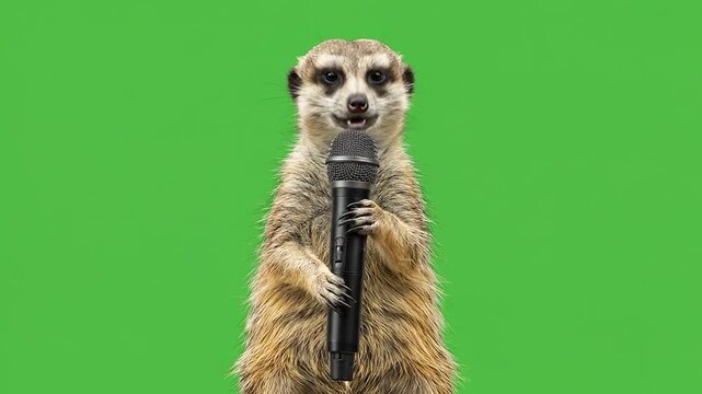 Meerkat holding a black microphone against a solid green screen background