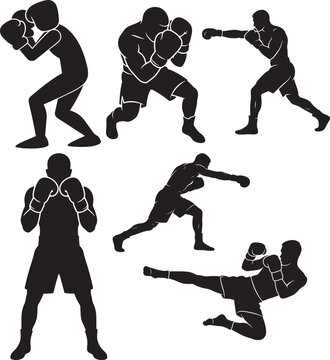 Boxers demonstrating fight stances and techniques in training session with copy space