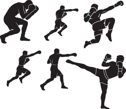 Martial artists performing dynamic boxing and kickboxing techniques in training session