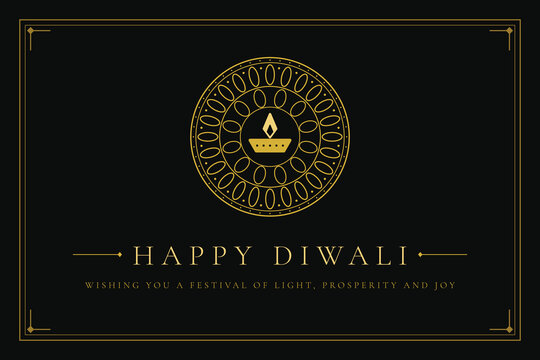 Luxury Happy Diwali Greeting Card with Gold Line Art Mandala and Diya on Black Background, Elegant Minimal Corporate Festival of Lights Wishes

