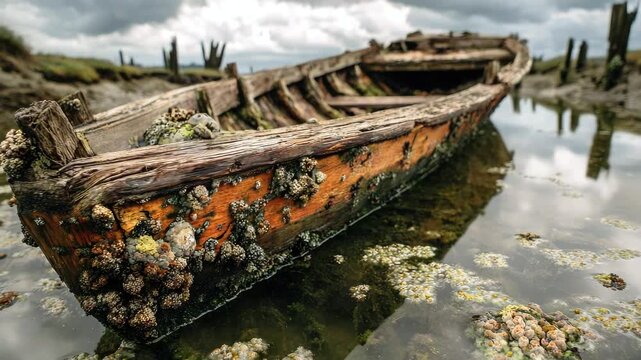 A dilapidated wooden boat with peeling paint and seaweed on the shore. Concept of abandonment and decay