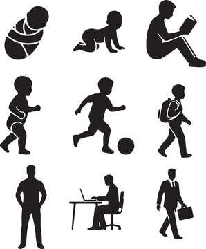 Childhood to adulthood icons depicting life stages with copy space for educational materials