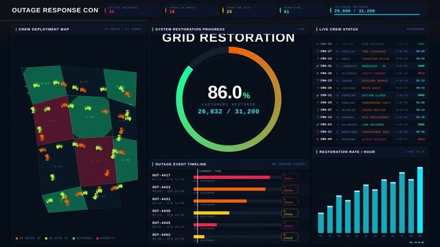 An elite utility outage response dashboard showcasing crew deployment and restoration timelines in dark mode, featuring animated status indicators and progress visualizations.