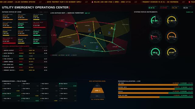An advanced utility emergency operations center displays outage maps, critical alerts, and system status instruments in a high-tech, dark mode environment during peak incident response.