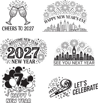 New Year 2027 celebration vector illustrations with champagne, fireworks, and city skyline