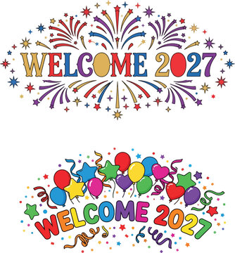 New Year 2027 celebration with colorful fireworks, balloons, and confetti for festive greeting cards