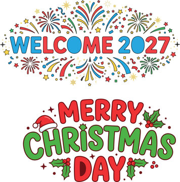 Colorful new year christmas celebration greeting with fireworks and holly