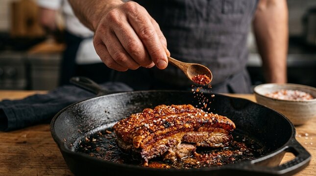 Chef seasoning roasted pork belly in cast iron skillet with chili flakes