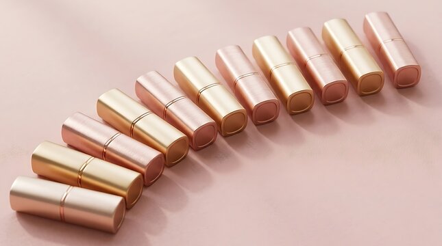 Many rose gold lipstick tubes arranged in a diagonal line on a soft light brown background surface. sleek lipstick cases