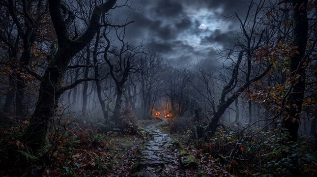 Spooky spooky forest path at night under full moon, dark eerie woods landscape, creepy halloween background
