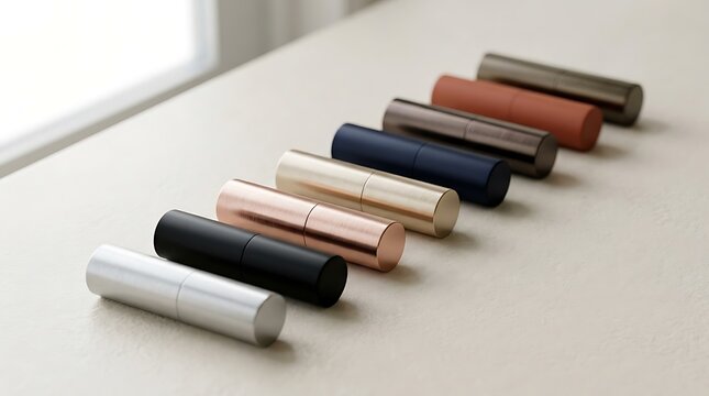 Set of colorful lipstick tubes in different metallic shades arranged in a neat row on a light table. sleek lipstick cases