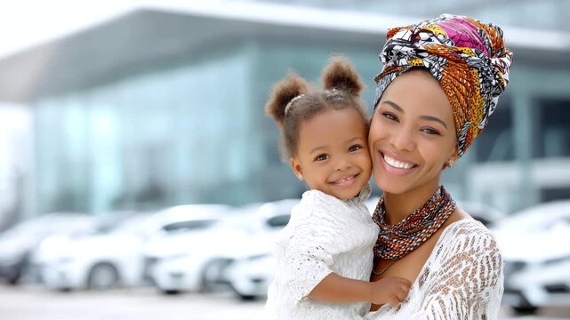 A smiling African American woman holding her daughter, with a car dealership parking lot in the background. Car purchase, rental, and leasing concepts