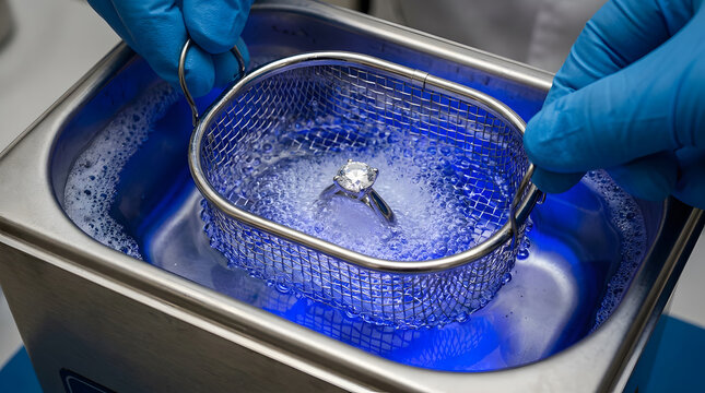 Professional jeweler cleans a diamond ring in an ultrasonic cleaner machine with blue bubbly liquid, wearing blue protective gloves for precision jewelry maintenance and repair workshop 