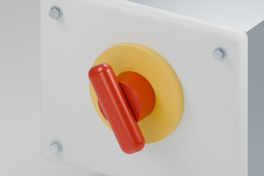 Close-up of a red rotary isolator switch handle on a yellow plate, power disconnect, 3D illustration