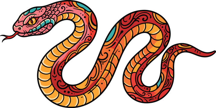 Colorful Ornamental Snake Illustration in Traditional Tattoo Style Isolated on White  