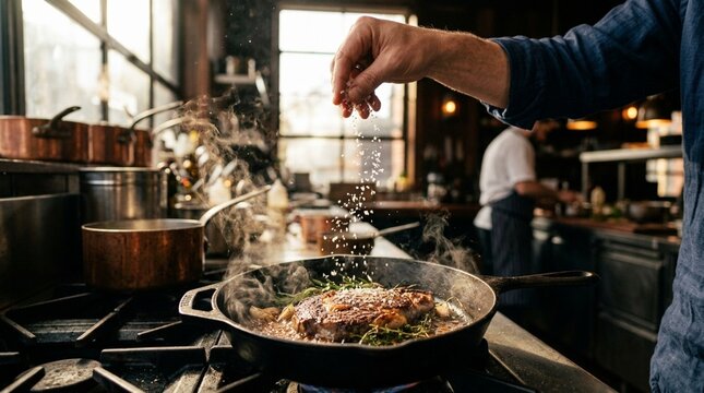 Chef sprinkles seasoning on steak cooking in cast iron skillet, steam rising
