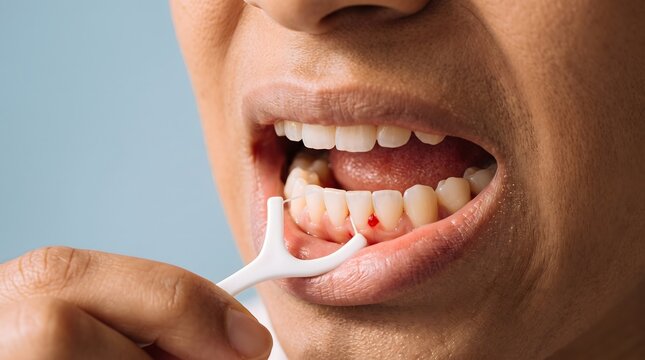 Close-Up of Bleeding Gums While Flossing Teeth, Gingivitis Concept