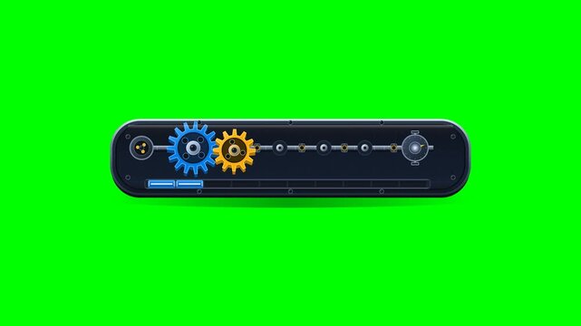 Premium chunky 2.5D mechanical loading bar animation where physical gears assemble, engage, and activate a segmented progress track and completion indicator on pure green screen.