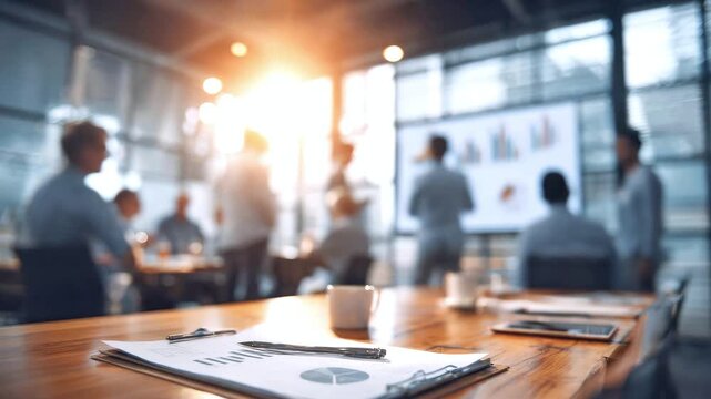 Blurred background of a group of people at an office meeting with charts. Concept of teamwork, business planning, and corporate training