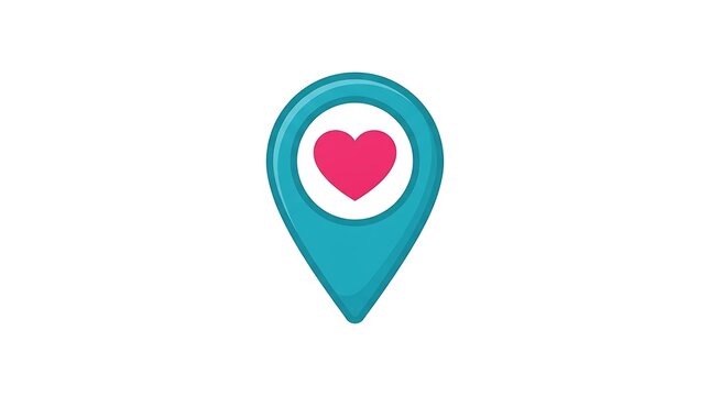 Teal location pin icon with a pink heart symbol centered inside a white circle, isolated on a white background, flat