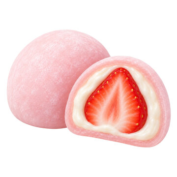 Pink strawberry mochi with cream filling, one cut open on transparent background. Japanese confectionery dessert. Sweet snack for bakery menus. Strawberry treat illustration.