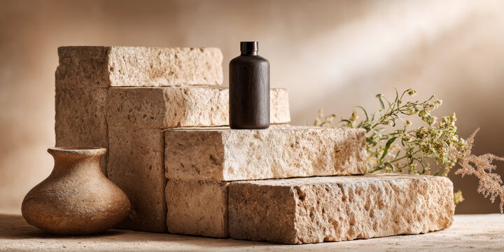 Dark matte bottle on stepped sandstone block with rustic vase and dried wildflower in warm light