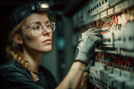 Female electrician with glasses and headlamp wiring a complex circuit breaker panel in a dark room