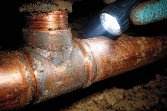 Plumber inspecting aged copper pipe joints with a flashlight in a confined crawl space