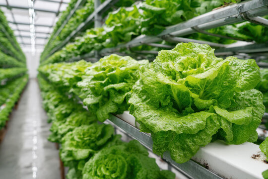 Fresh green lettuce heads thriving on tiered hydroponic shelves under bright overhead lighting