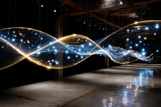 Intertwined golden and blue energy waveforms suspended in a dark theatrical space
