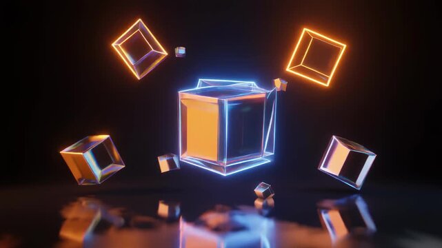 Neon Light Art with Glowing Cubes in Dark Space for Futuristic Design