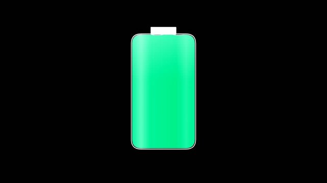 Animated battery icon filling with green liquid on a black screen background for digital media.