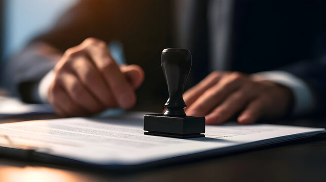 A corporate lawyer uses a legal stamp to approve contract authorization, ensuring document verification, compliance approval, business agreement validation, corporate governance, regulatory process