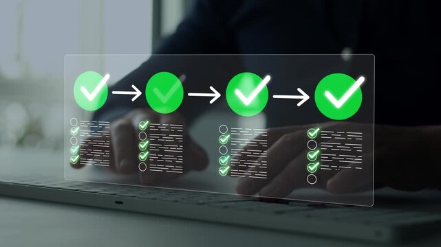 Digital task management with checkmark, workflow optimization and project planning. Corporate productivity, document review and business process automation concept.	
