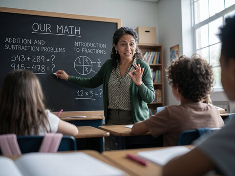 Engaged female teacher explaining math equations and fractions to elementary students on classroom chalkboard