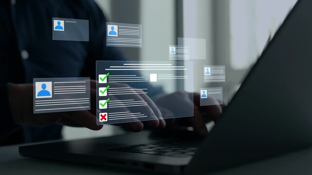 Employees must complete online survey form with answer test questions. Human resources and management employment.Digital questionnaire and business communication concept.	