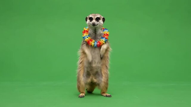 Meerkat wearing floral lei standing on green background