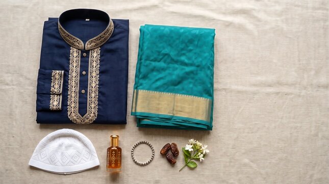 Flat lay of a folded navy embroidered panjabi, teal saree with gold border, white prayer cap, attar bottle, prayer beads, dates and jasmine for Eid