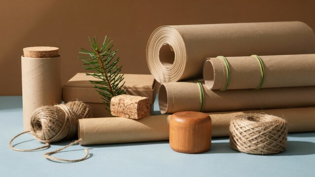 Eco-friendly craft paper rolls, twine spools, and natural cork elements arranged on a warm surface. Ideal for sustainable packaging and zero waste design concepts.