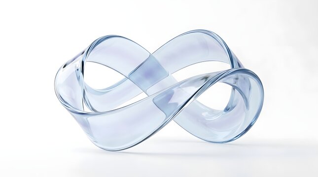 3d abstract sculpture made of transparent blue and purple glass ribbon, isolated on white background