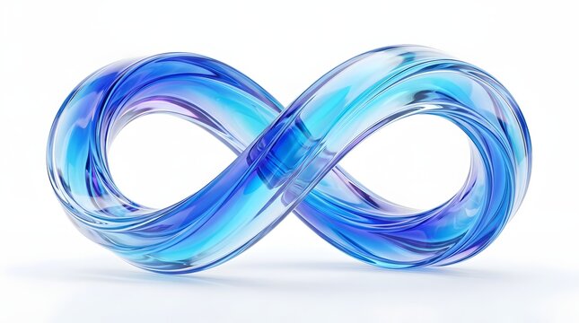 Abstract 3d infinity symbol made of transparent blue glass, elegant flowing shape with light reflections, isolated on white background