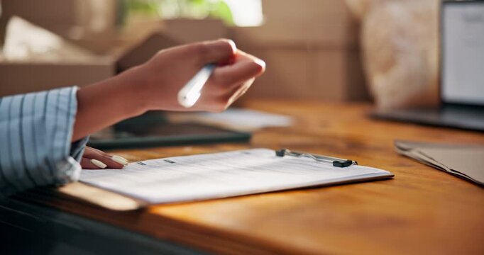 Hands, writing and clipboard in supply chain office, logistics management and shipping notes. Person, checklist or agenda for dropshipping info, distribution paperwork and courier service details