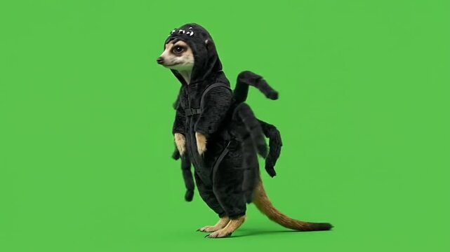Meerkat wearing fuzzy black spider costume standing against green screen