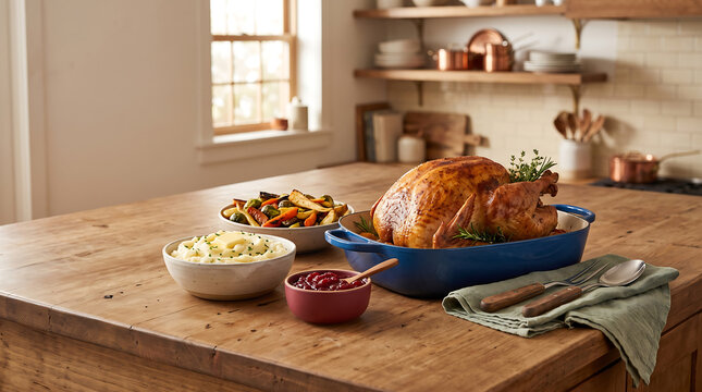 A traditional roasted turkey dinner with mashed potatoes and stuffing served on a rustic wooden kitchen table